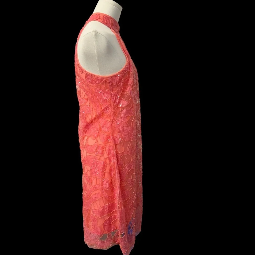 Boston Proper Dress Womens 10 Pink Coral Sequin Mesh Halter Mini Open Back NWOT